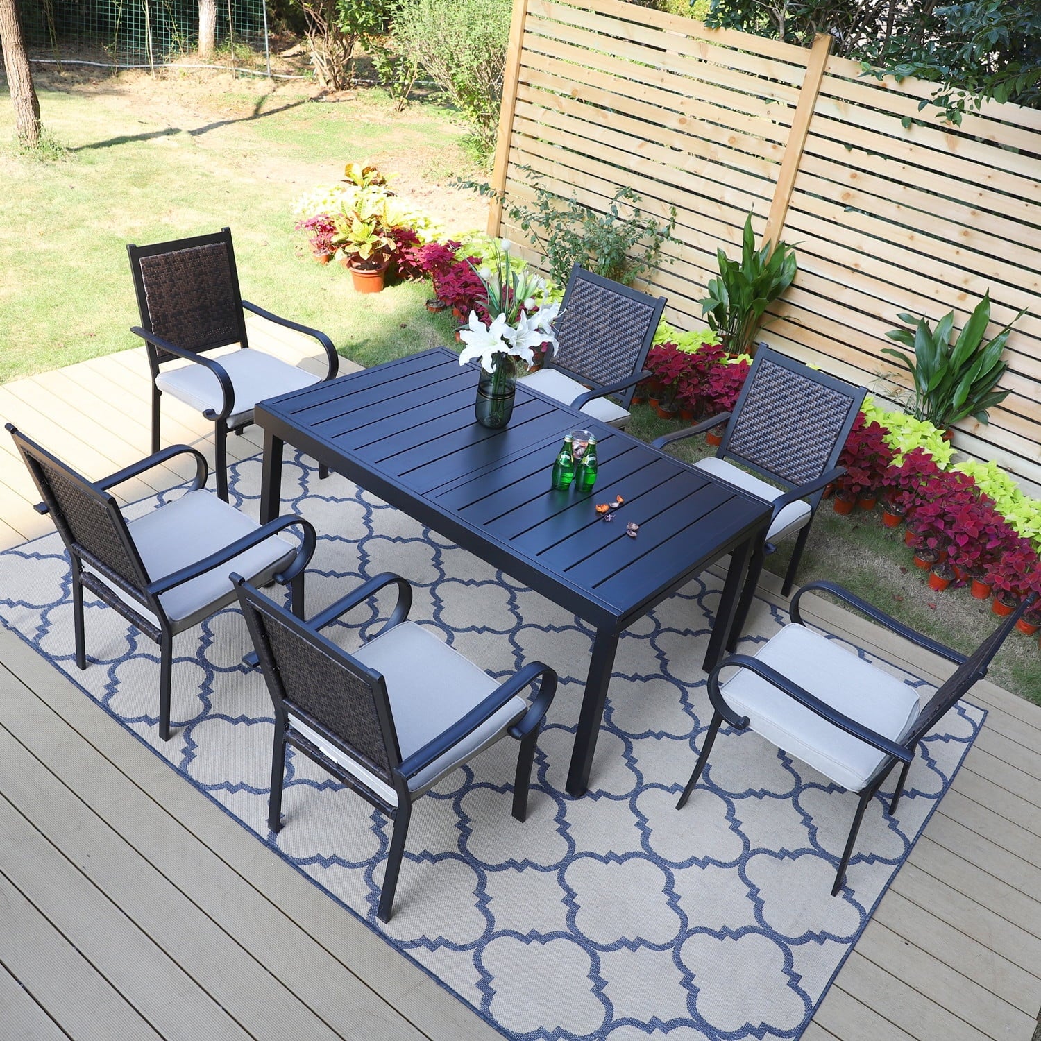 MF Studio 7 Pieces Outdoor Patio Dinning Set Cushioned Rattan Wicker Chairs with Extendable Table