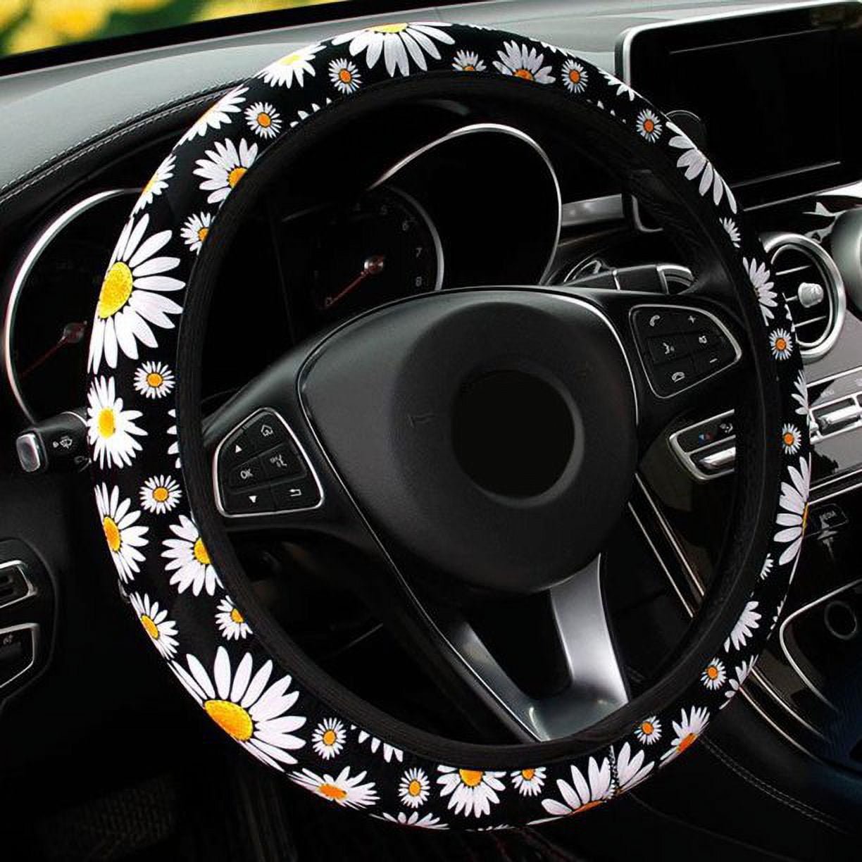Doingart Universal Steering Wheel Cover - Auto Car Daisy Sunflower Steering Wheel Cover Non-slip and Sweat Absorption Steering Wheel Cover Universal 14.5 to 15.25 inches