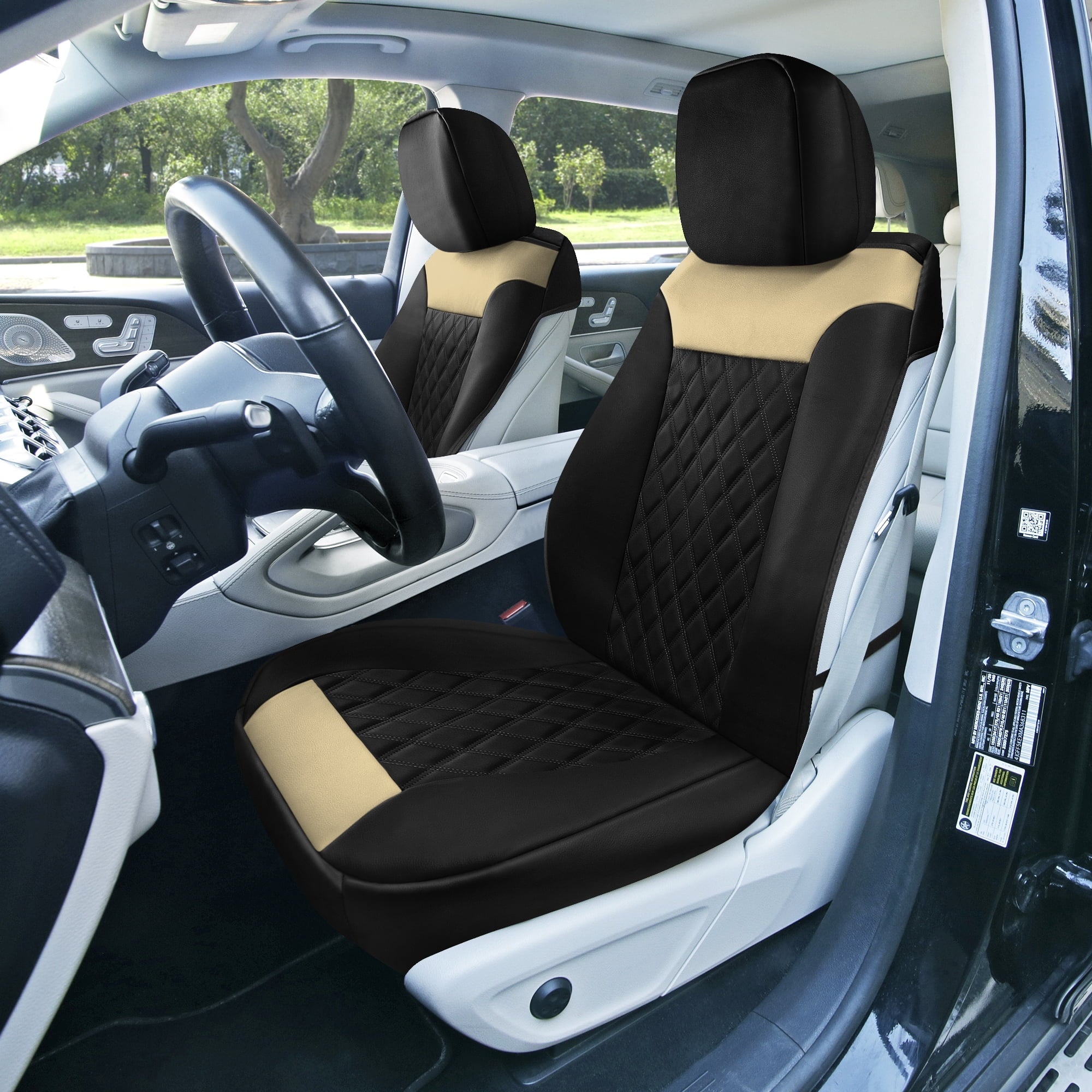 FH Group Deluxe Faux Leather Diamond Pattern Front Seat Car Seat Cushions with Air Freshener Black