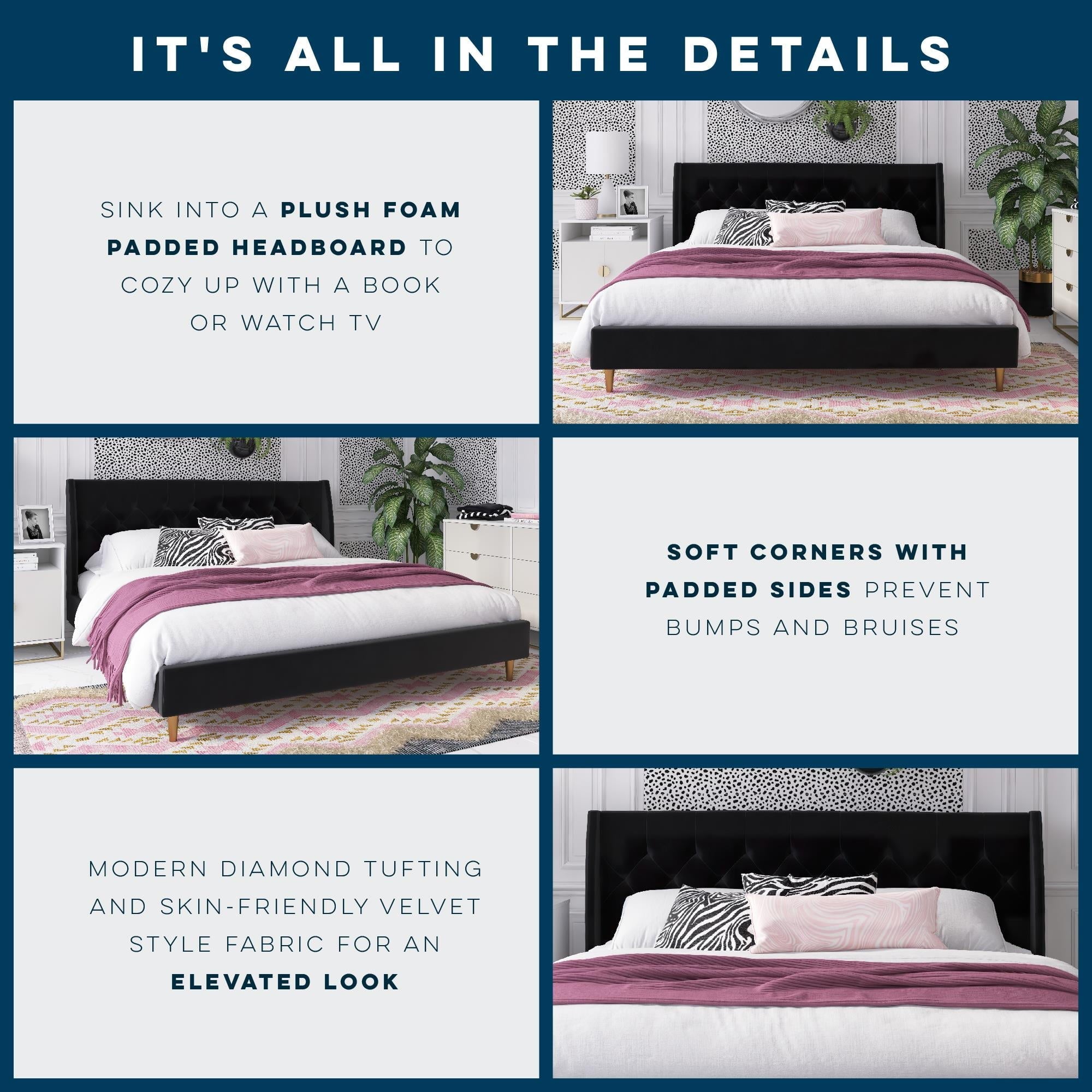 Novogratz Her Majesty Tufted Upholstered Bed Frame, King, Black Velvet