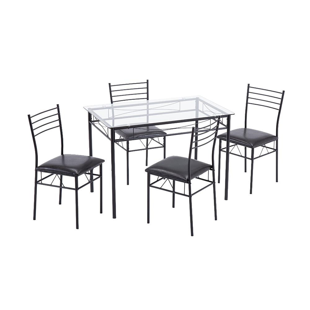 Zimtown 5 Pieces Dining Set Table with 4 Chairs Glass Diner Table with Metal Frame Kitchen Dining Room Furniture Black