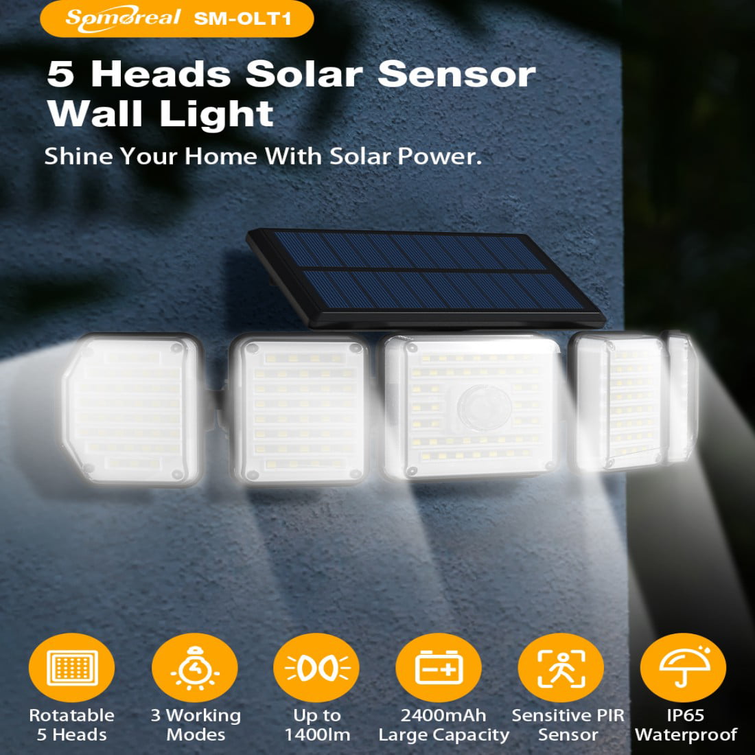 2/1 Pack Solar Lights Outdoor,5 Adjustable Heads Solar Flood Lights,214 LED 3 Lighting Modes Dimmable IP65 Waterproof, Motion Sensor Security Wall Lights