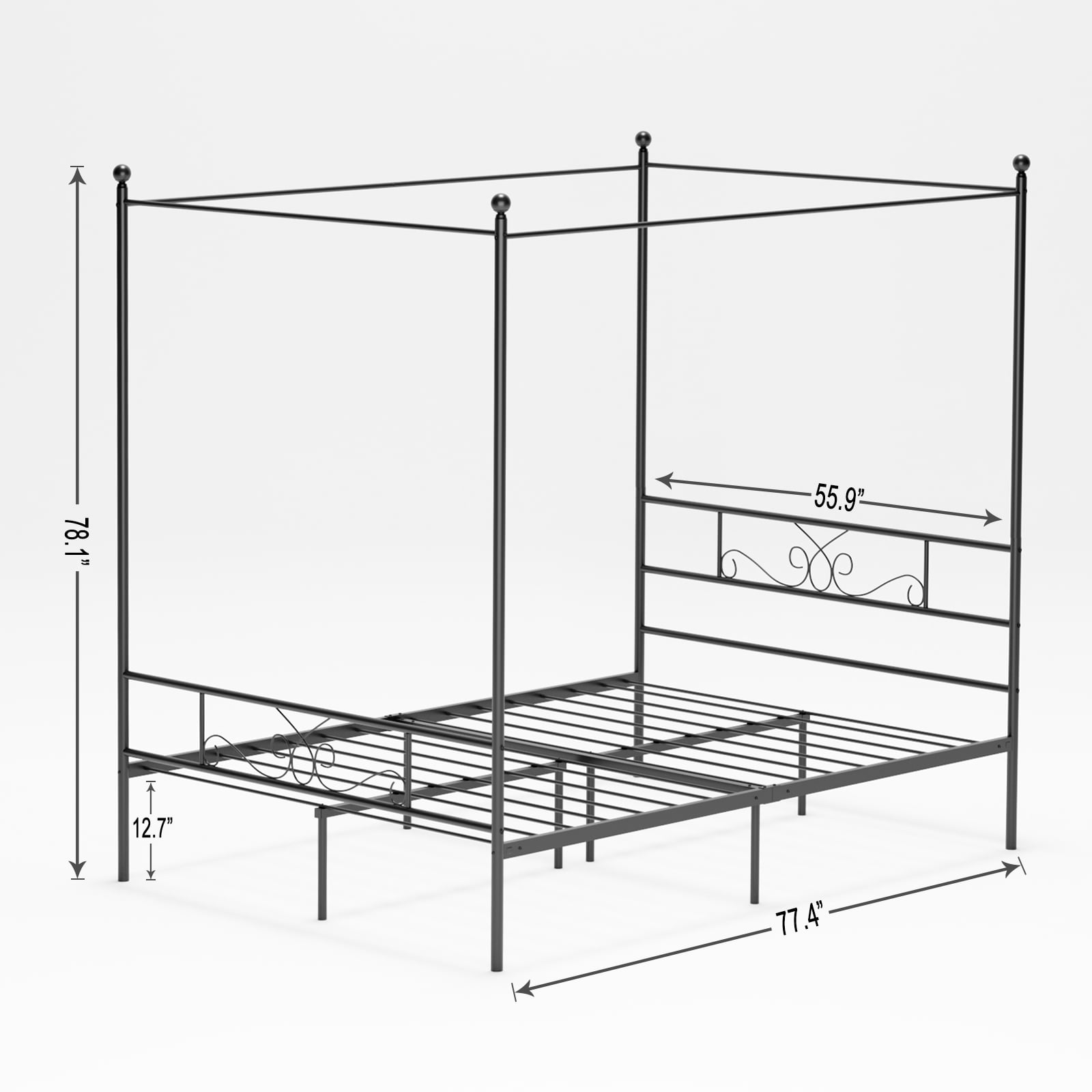 Teraves Metal Canopy Bed 4-post Canopy Bed Frame with Headboard, Full, Black