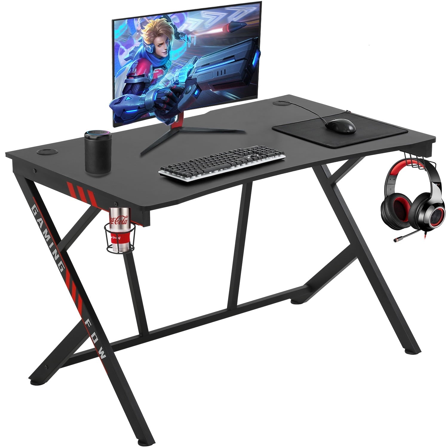 BestOffice Gaming Desk Computer Desk Home Office Desk Racing Style Study DeskExtra Large Modern Ergonomic PC Carbon Fiber Writing Desk Table with Cup Holder Headphone Hook，Red