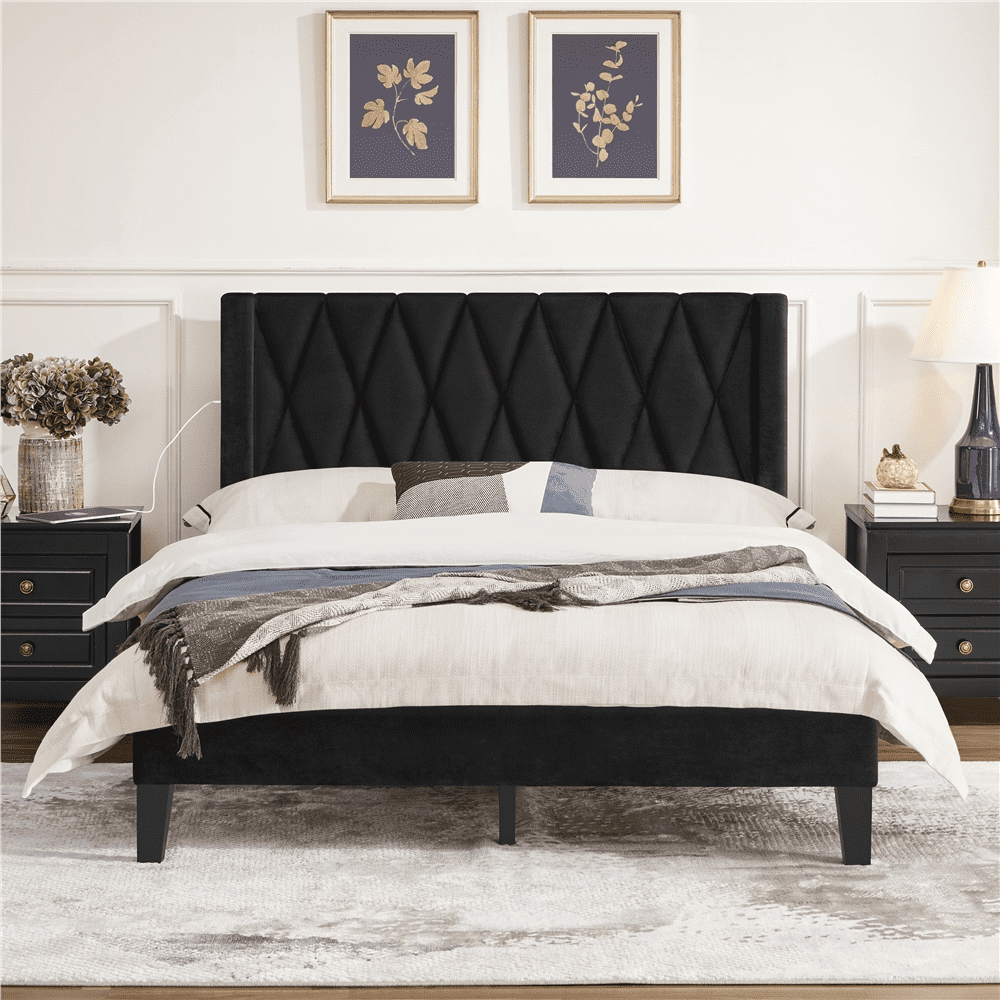 Yaheetech Upholstered Bed Frame with Built-In USB Ports and Tufted Headboard, Full Size, Black