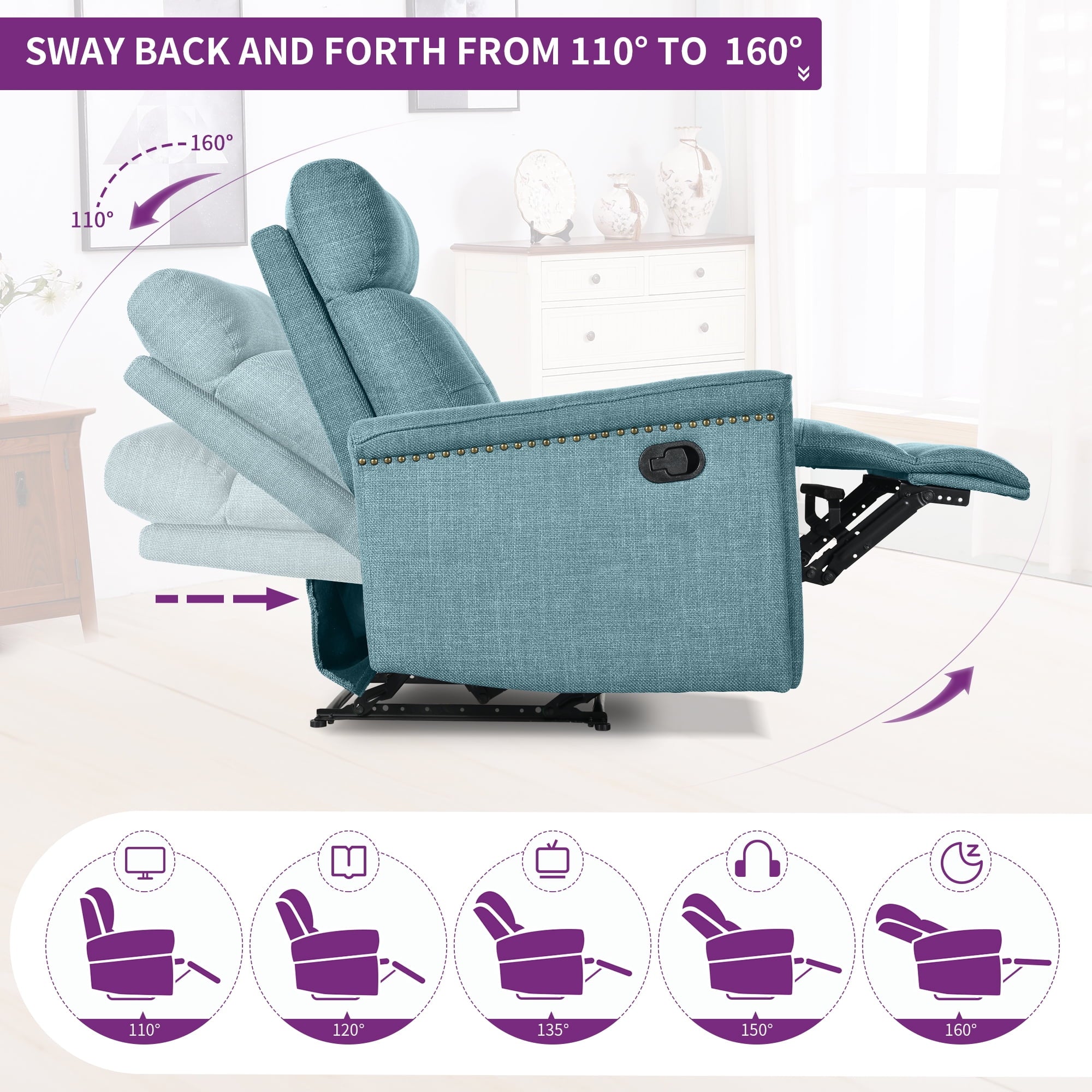 Dextrus Upholstered Recliner Chair Single Sofa Adjustable Home Theater Seating w Studded, Blue A