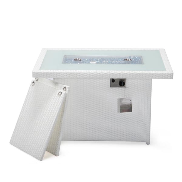 Mace 44 in. White Modern Wicker 55,000 BTU Propane Patio Fire Pit Table with Lid and Fire Glass