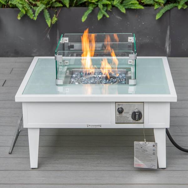 Walbrooke Modern White Patio Square Fire Pit Table with Aluminum Frame