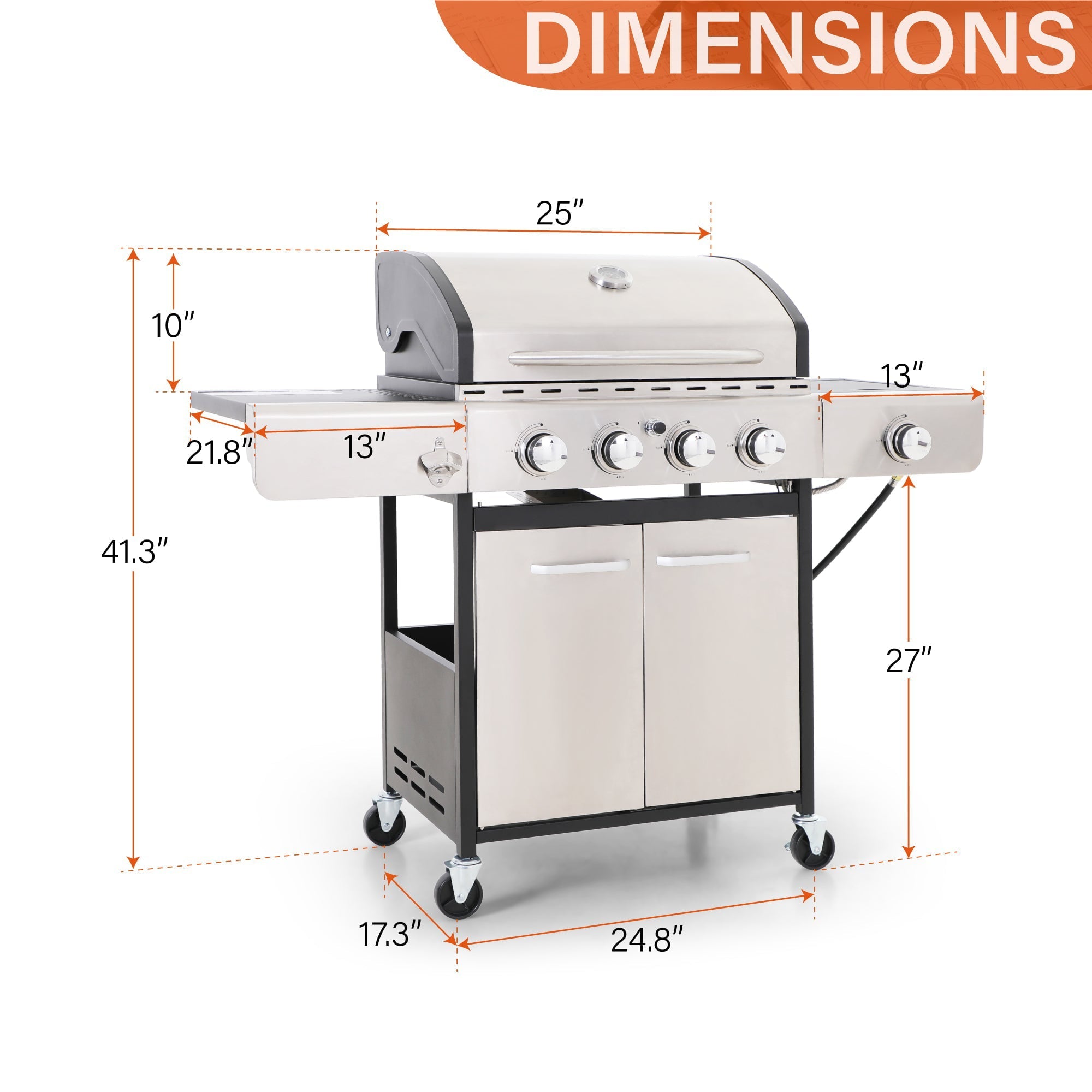 & William Stainless Steel Portable 4-Burner Propane Gas Grill with Side Burner
