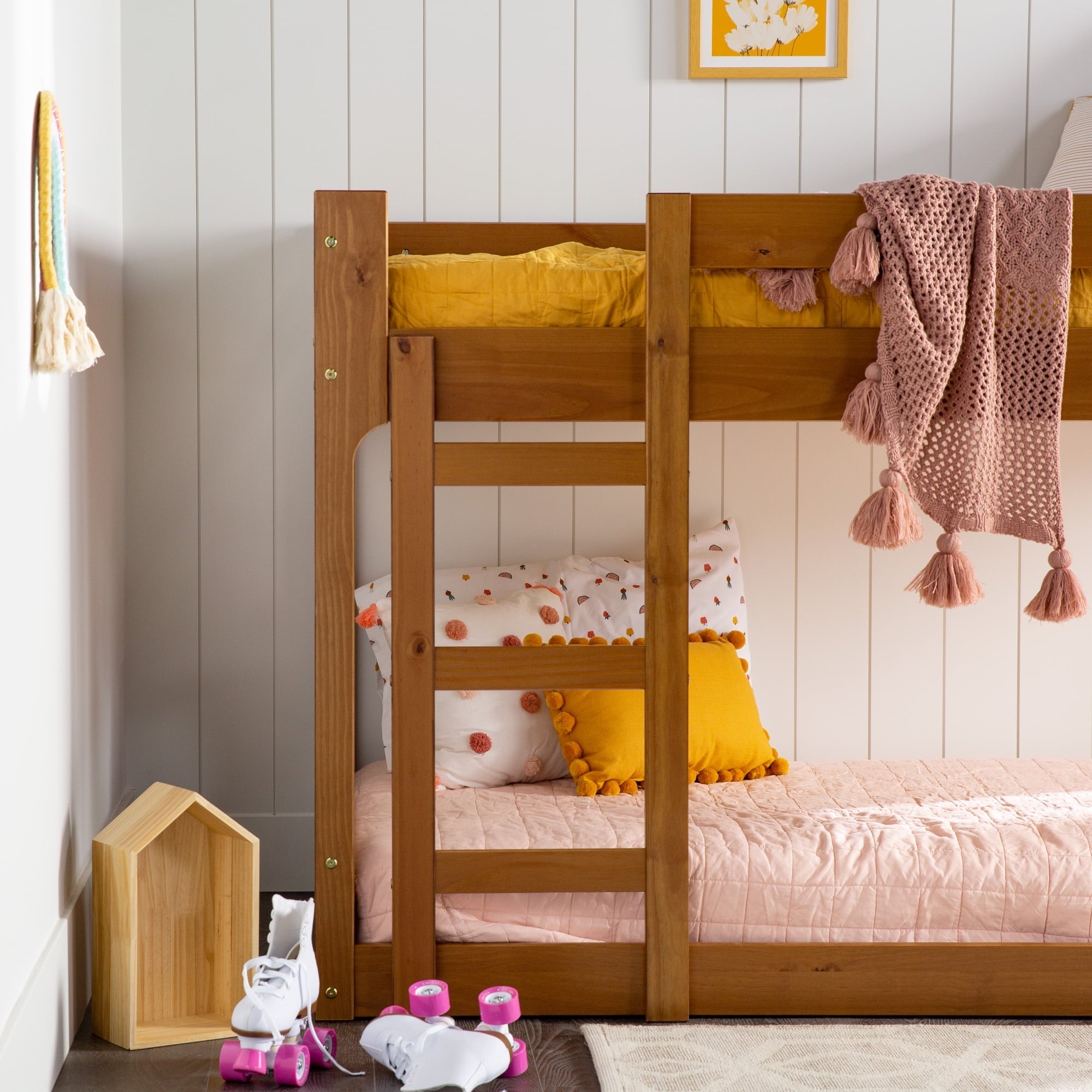 Walker Edison Modern Twin Over Twin Youth Bunk Bed, Caramel