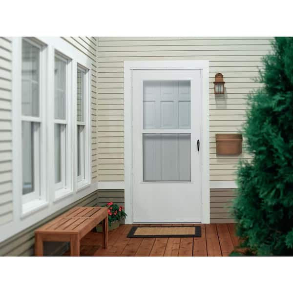 EMCO 36 in. x 80 in. White Universal 3/4-Light Aluminum Storm Door with Black Hardware