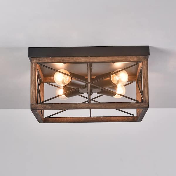 12.6 in. 4-Light Farmhouse Rustic Square Wooden Flush Mount Ceiling