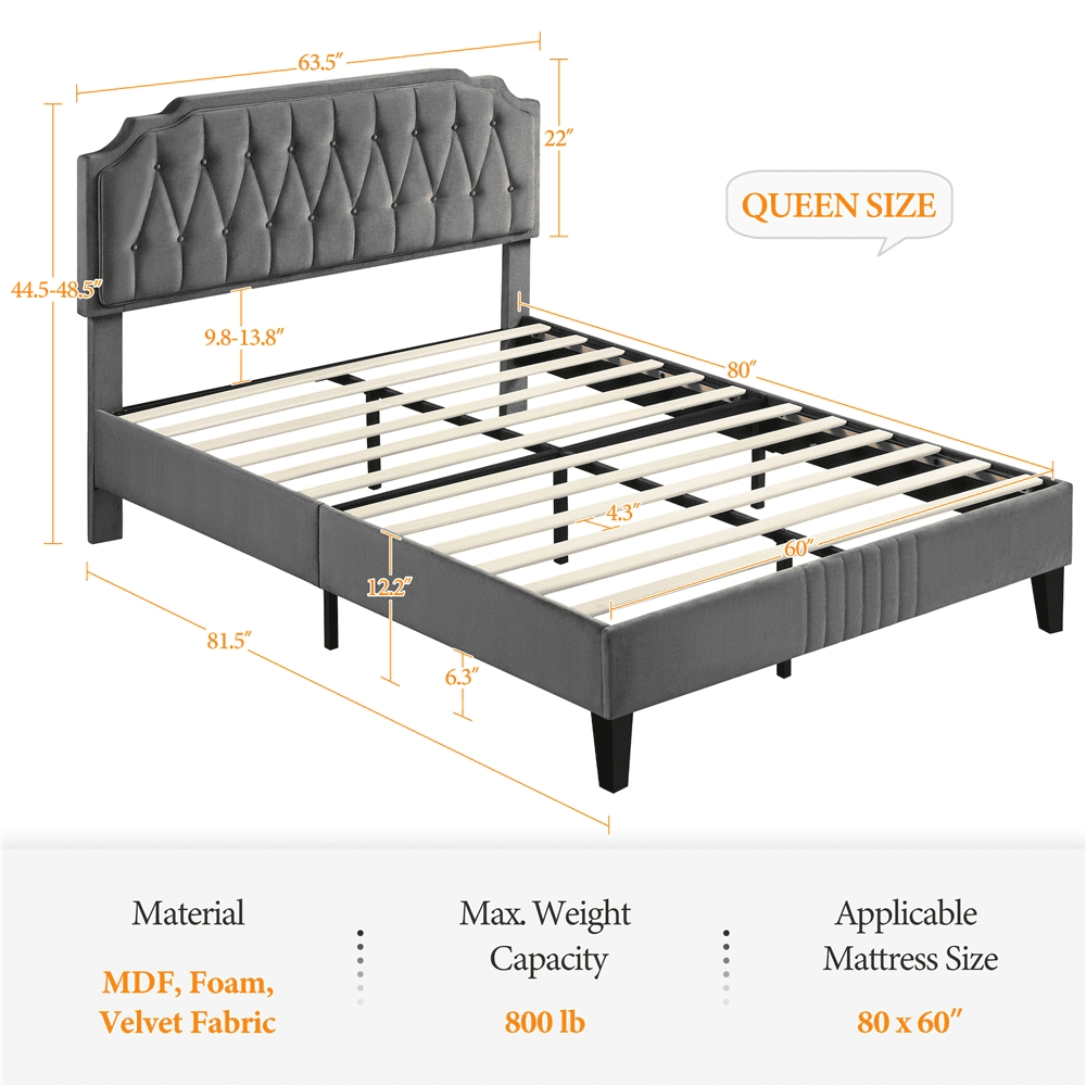Yaheetech Queen Size Upholstered Bed Frame with Wooden Slat Support, Dark Gray