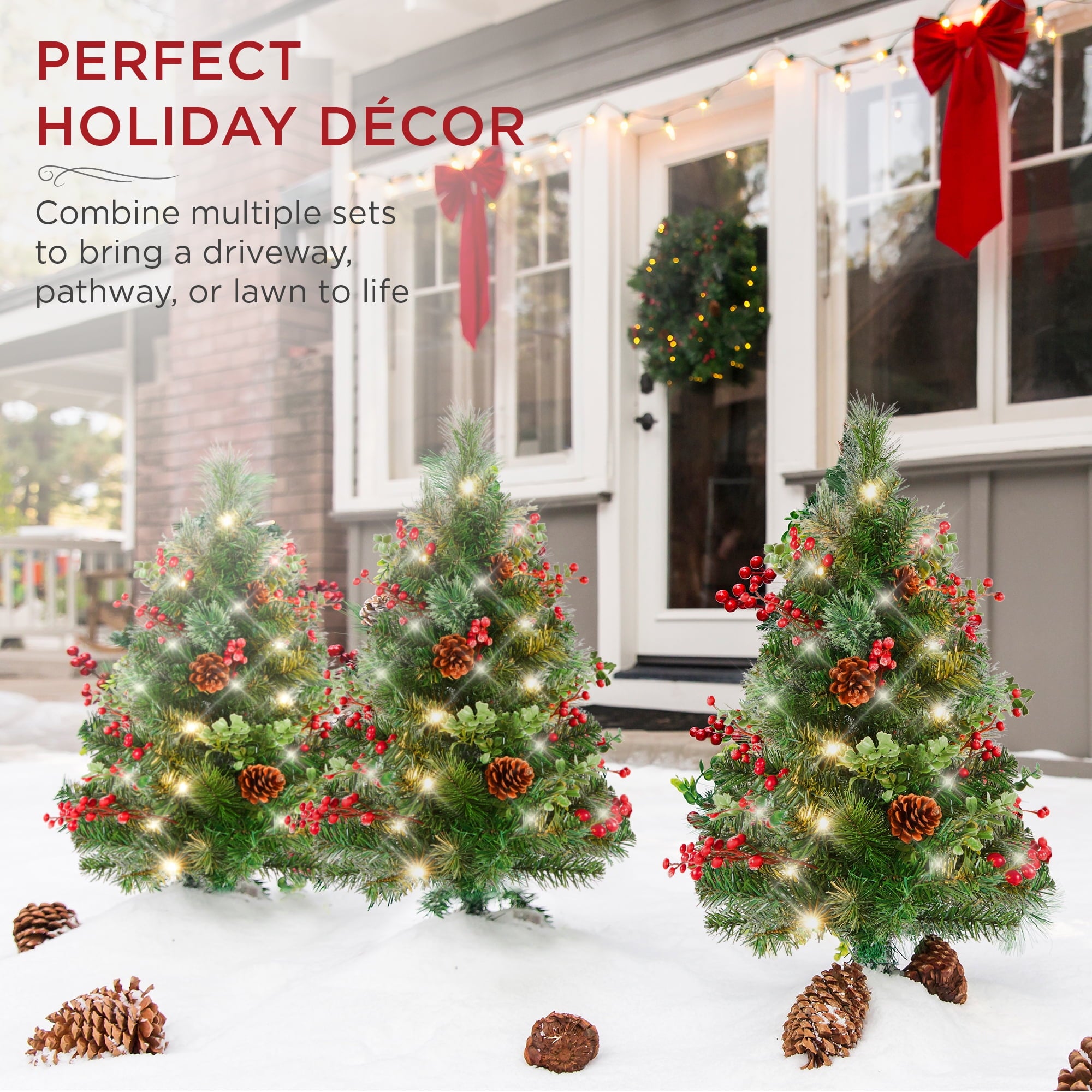 Best Choice Products Set of 2 24.5in Outdoor Pathway Christmas Trees Decor w/ LED Lights, Berries, Pine Cones, Ornaments