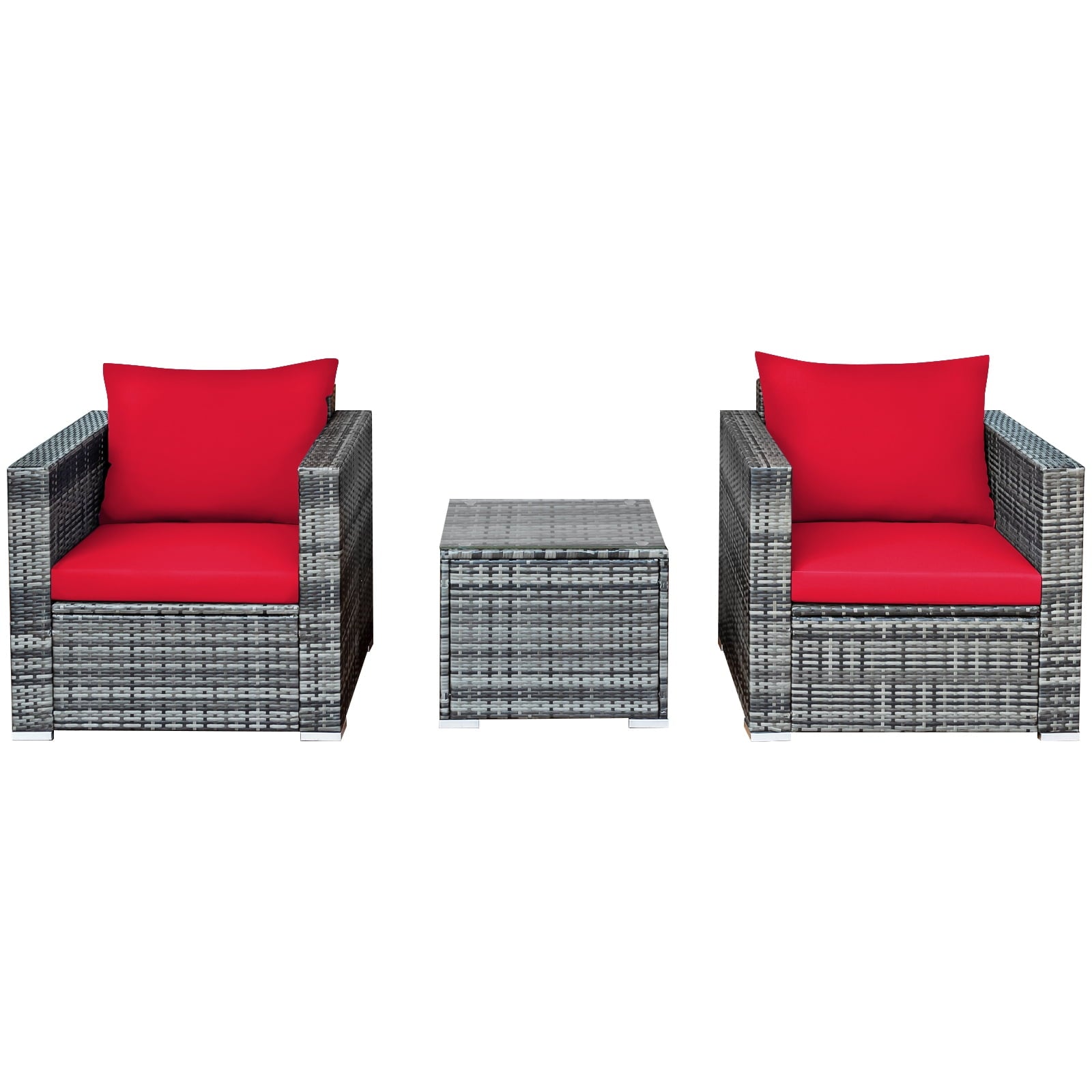 Patiojoy 3-Piece Patio Wicker Conversation Set Bistro Rattan Sofa Chair with Washable Cushion Mix Gray & Red