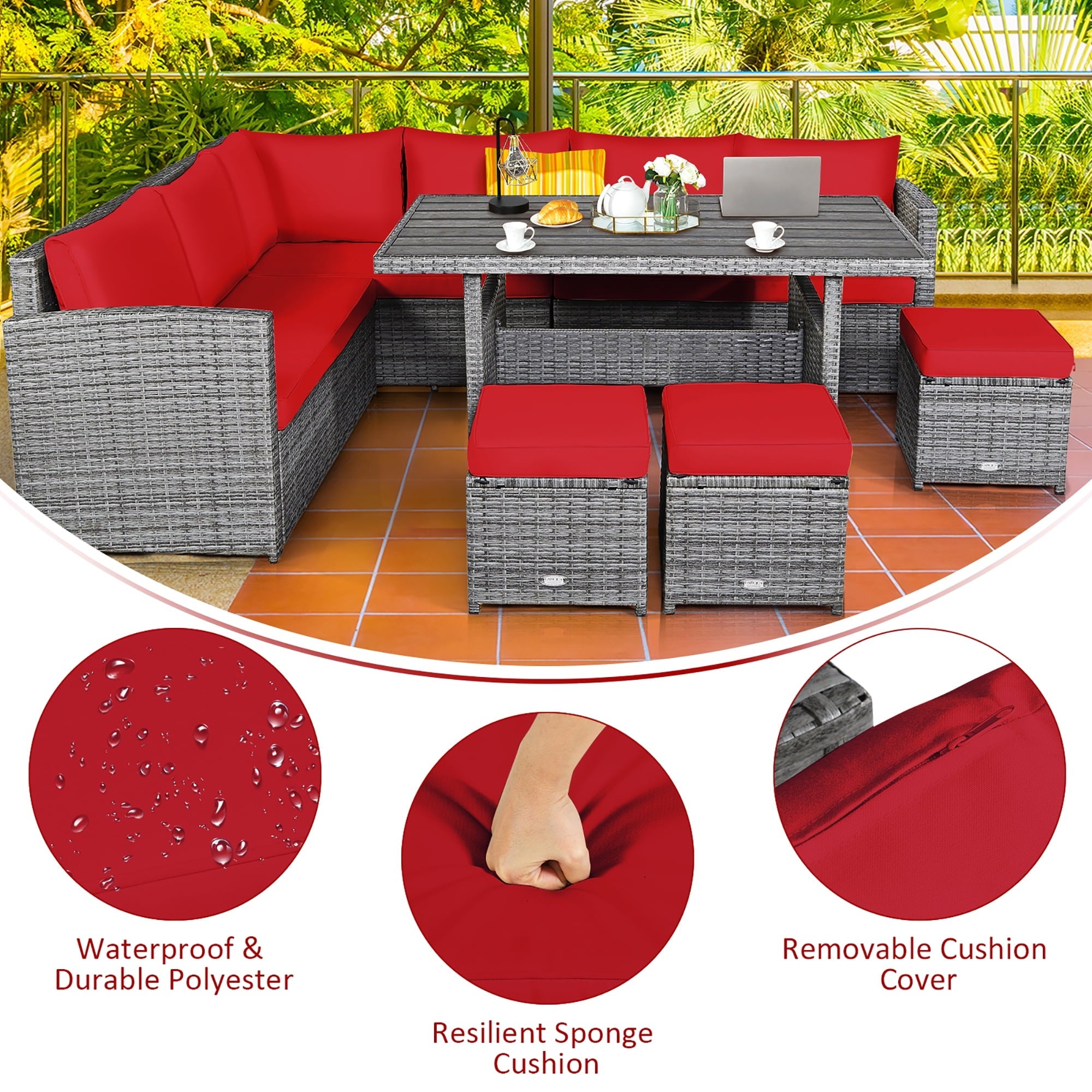 Costway 7 PCS Patio Rattan Dining Set Sectional Sofa Couch Ottoman Garden Red
