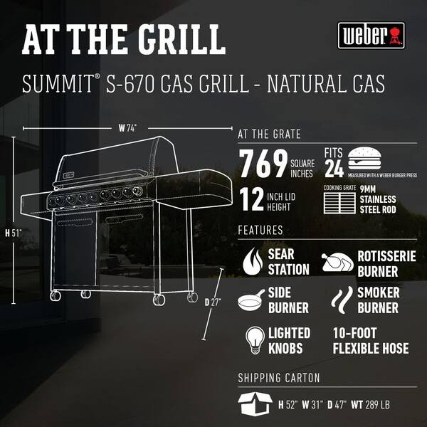 Summit S-670 6-Burner Natural Gas Grill in Stainless Steel with Built-In Thermometer and Rotisserie