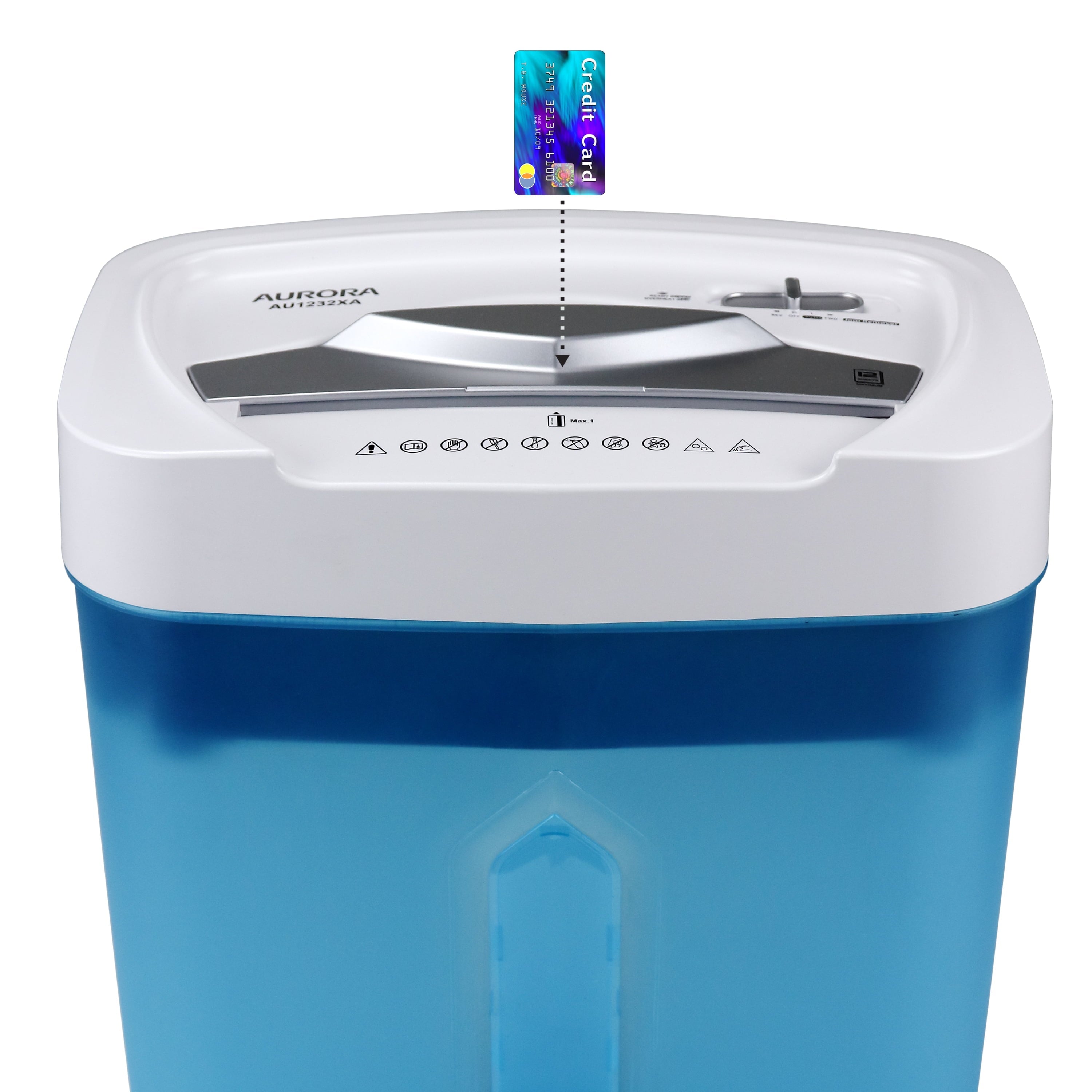 Aurora GB Anti-Jam 12-Sheet Crosscut Paper and Credit Card Paper Shredder 5.2-gallon Translucent Wastebasket , White/Blue