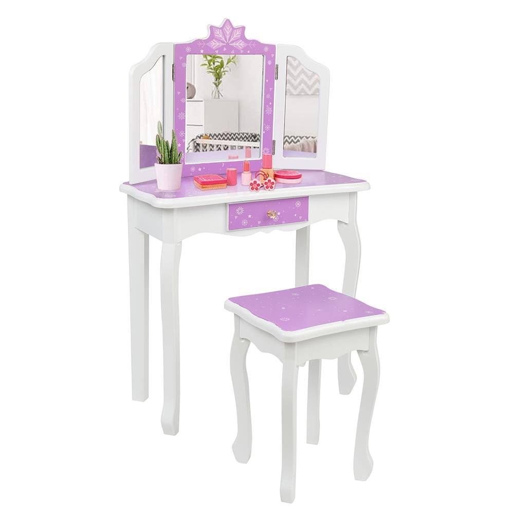 BaytoCare Kids Vanity Table Wooden Dressing Table with Stool and Drawer