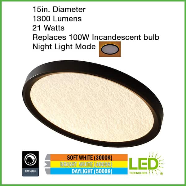 Low Profile 15 in. Round Crackle Lens Oil Rubbed Bronze LED Flush Mount with Night Light Feature