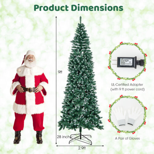 9FT Pre-Lit Christmas Tree Hinged Slim Pencil Xmas w/ 500 LED Lights & 1298 Tips