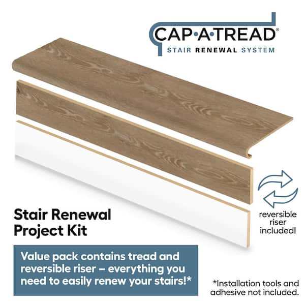 Virgil Island Oak 47 in. L x 12.15 in. W x 1.69 in. T Laminate Stair Tread and Reversible Riser Kit Adhesive