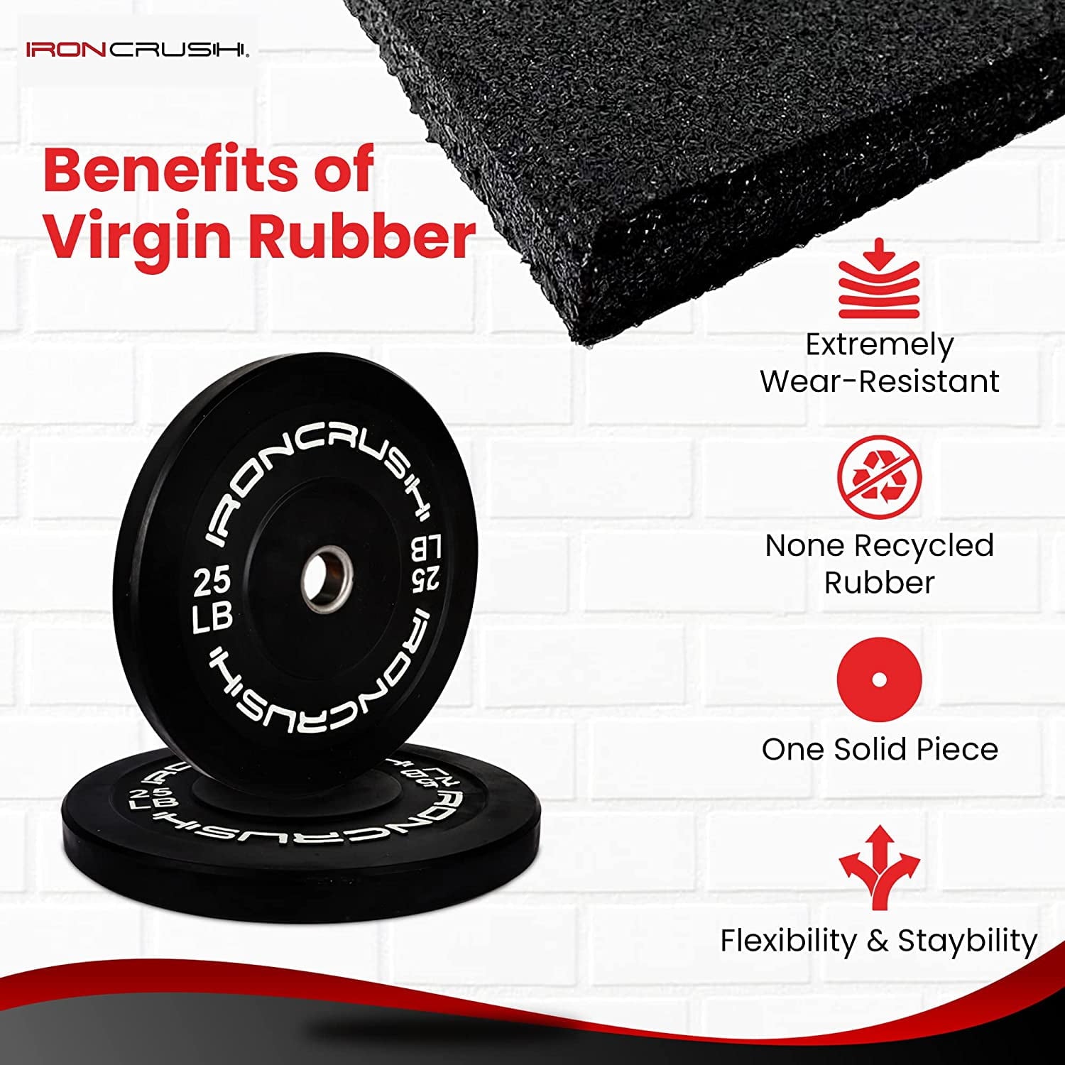 Iron Crush Olympic Bumper Plates Set - Virgin Rubber Weights for Strength Training - Stainless Steel Inserts, Fits 2