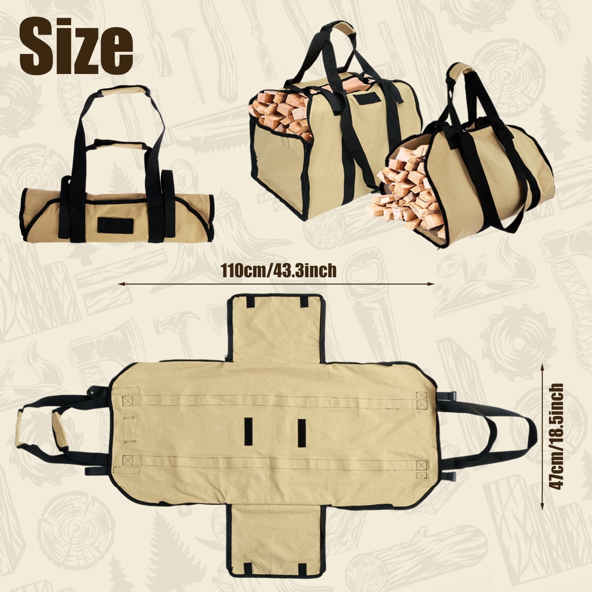 MLfire Canvas Firewood Log Carrier Bag, Canvas Firewood Tote Bag, Extra Large Firewood Holder, Wood Carrying Bag with Shoulder Strap and Top Handles for Camping