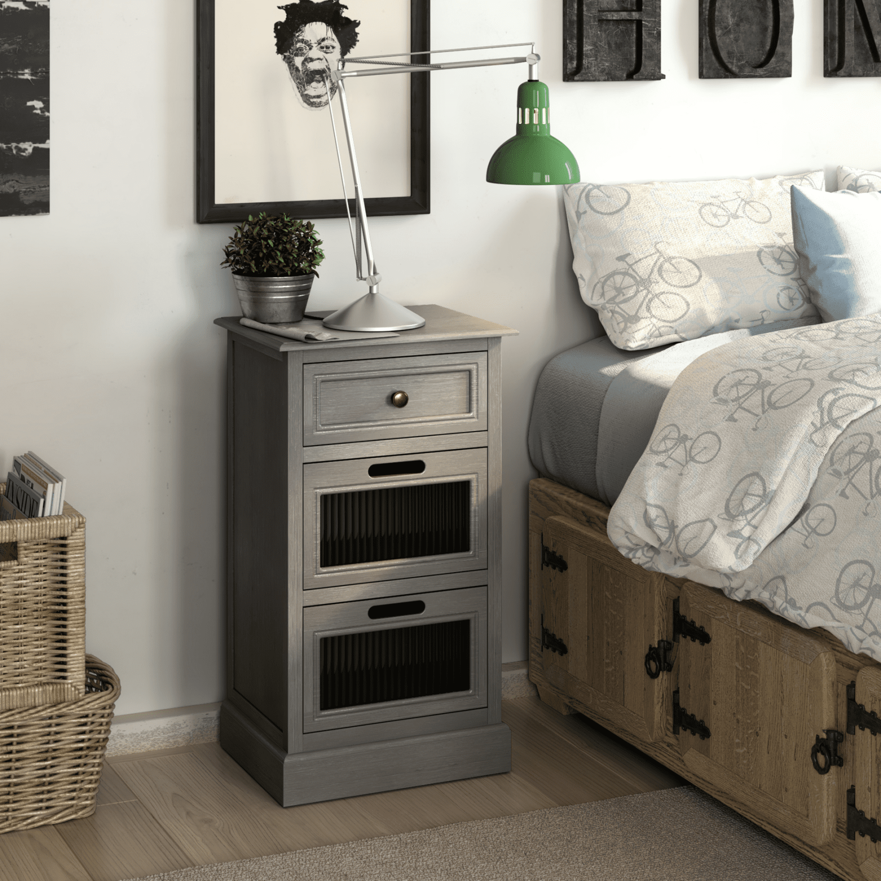 COZAYH Mid Century Modern Nightstand, Fully Assembled Nightstand with 3 Reeded Glass Front Drawers, Distressed Gray Nightstand with Antique Brass Knob and Metal Glide, 27.5” Tall