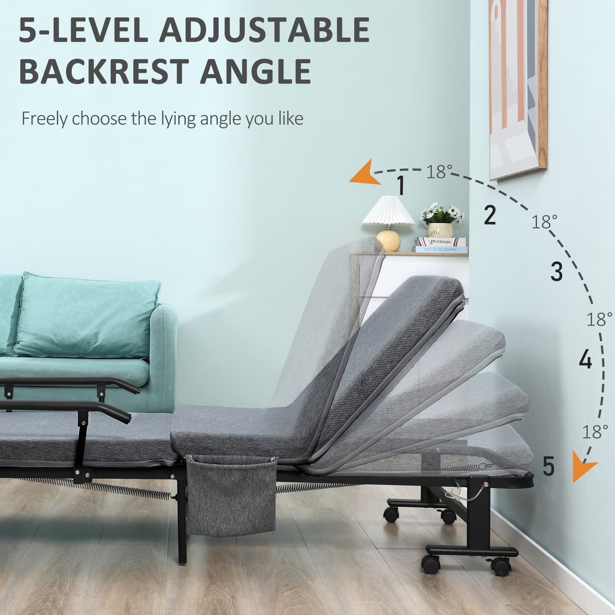 HOMCOM Folding Bed with Mattress & Wheels, Adjustable Backrest, Dark Grey