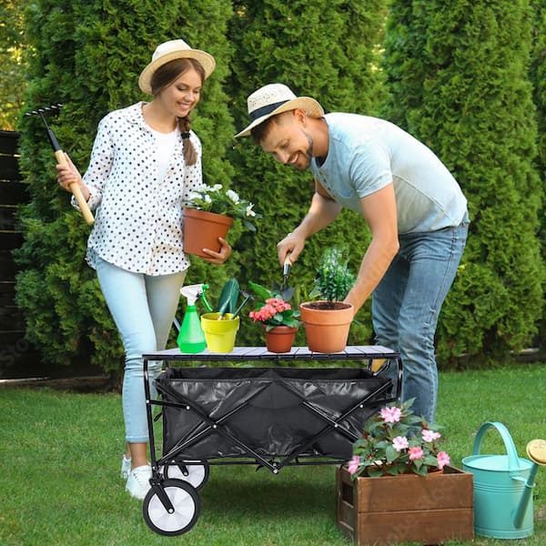 5.42 cu. ft. Heavy-Duty Portable Steel Folding Black Wagon Shopping Beach Garden Cart with Foldable Metal Board Desktop