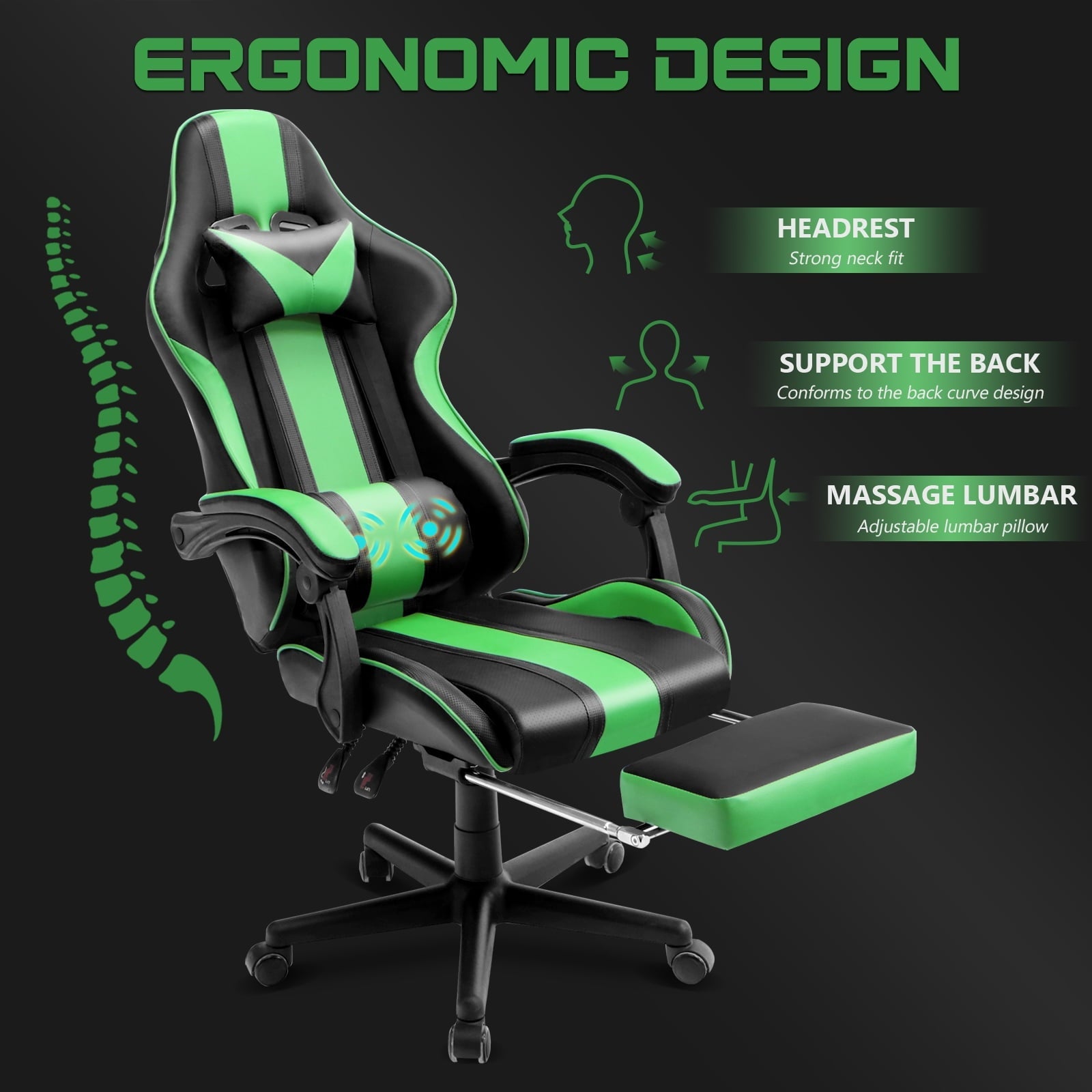Ferghana Gaming Chair Office Chair, Ergonomic Gamer Game Chair with Footrest & Massage Lumbar Pillow, Reclining Adjustable Height Leather Computer Chair, Green