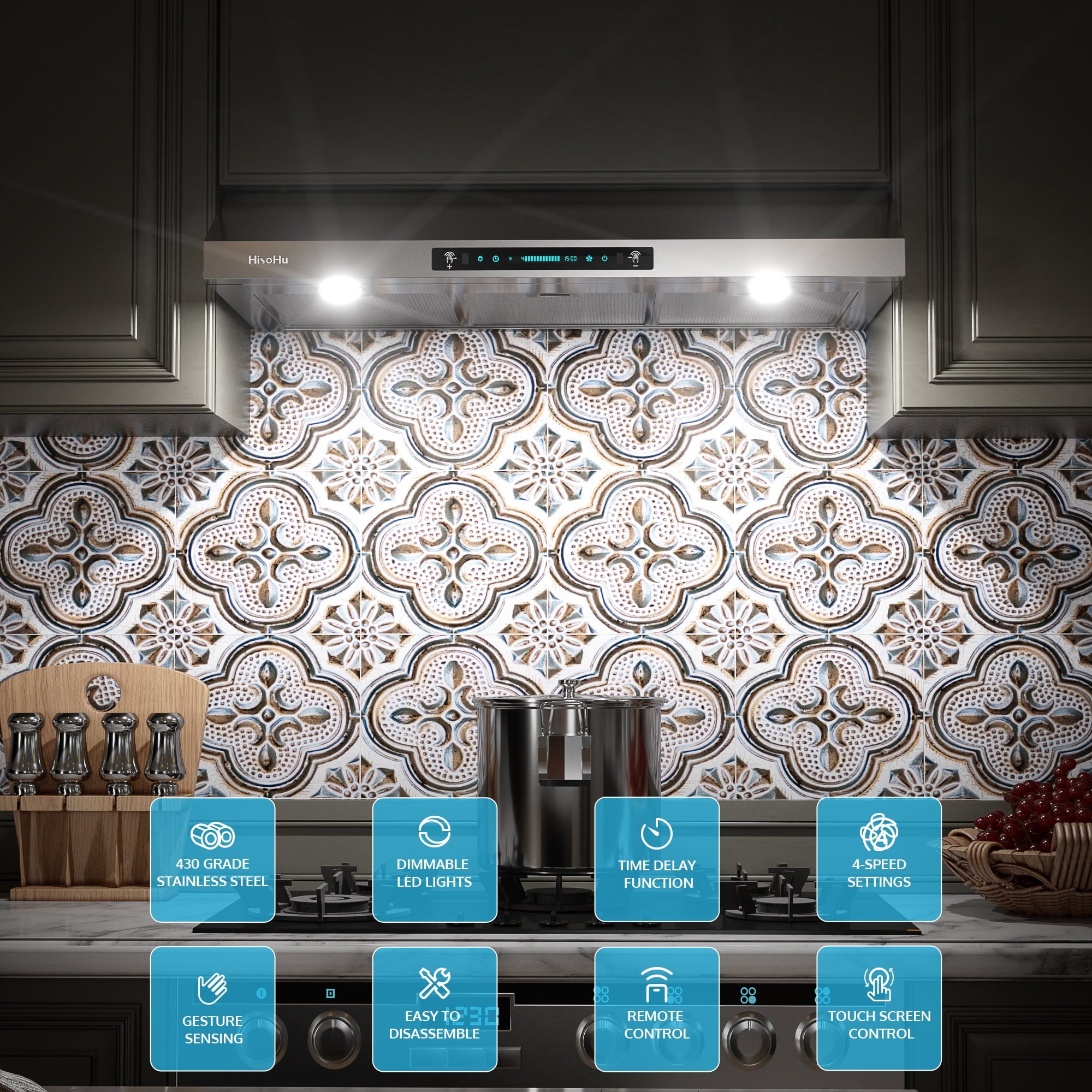 HisoHu Under Cabinet Range Hood 36 Inch with 900-CFM, 4 Speed Gesture Sensing&Touch Control Panel, Stainless Steel Kitchen Vent