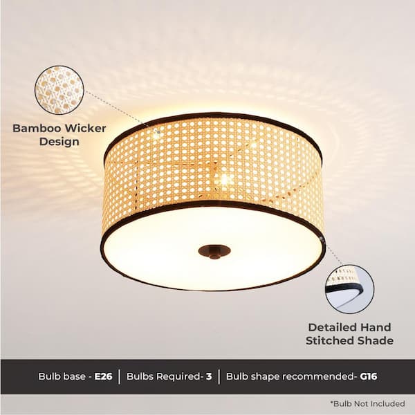Nakuv 3-Light 15 in. Beige Modern Bohemian Flush Mount Fixture with PVC Rattan Shade and Velvet Stitched Rim