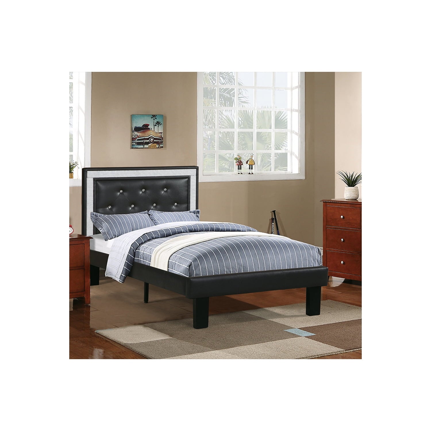 Poundex F9567T Upholstered Bed Frame with Slats in Gray Faux Leather - Twin Size