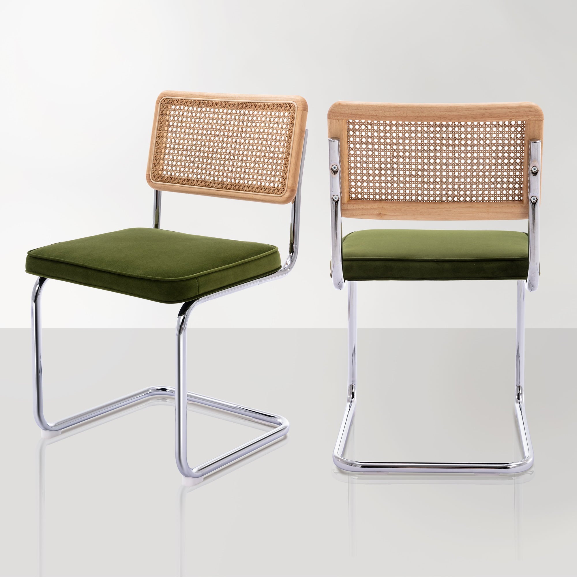 Zesthouse Rattan Dining Chairs Set of 2, Velvet Upholstered Side Chairs with Cane Back and Chrome Legs, Mid-Century Modern Dining Living Room Kitchen Chairs, Green