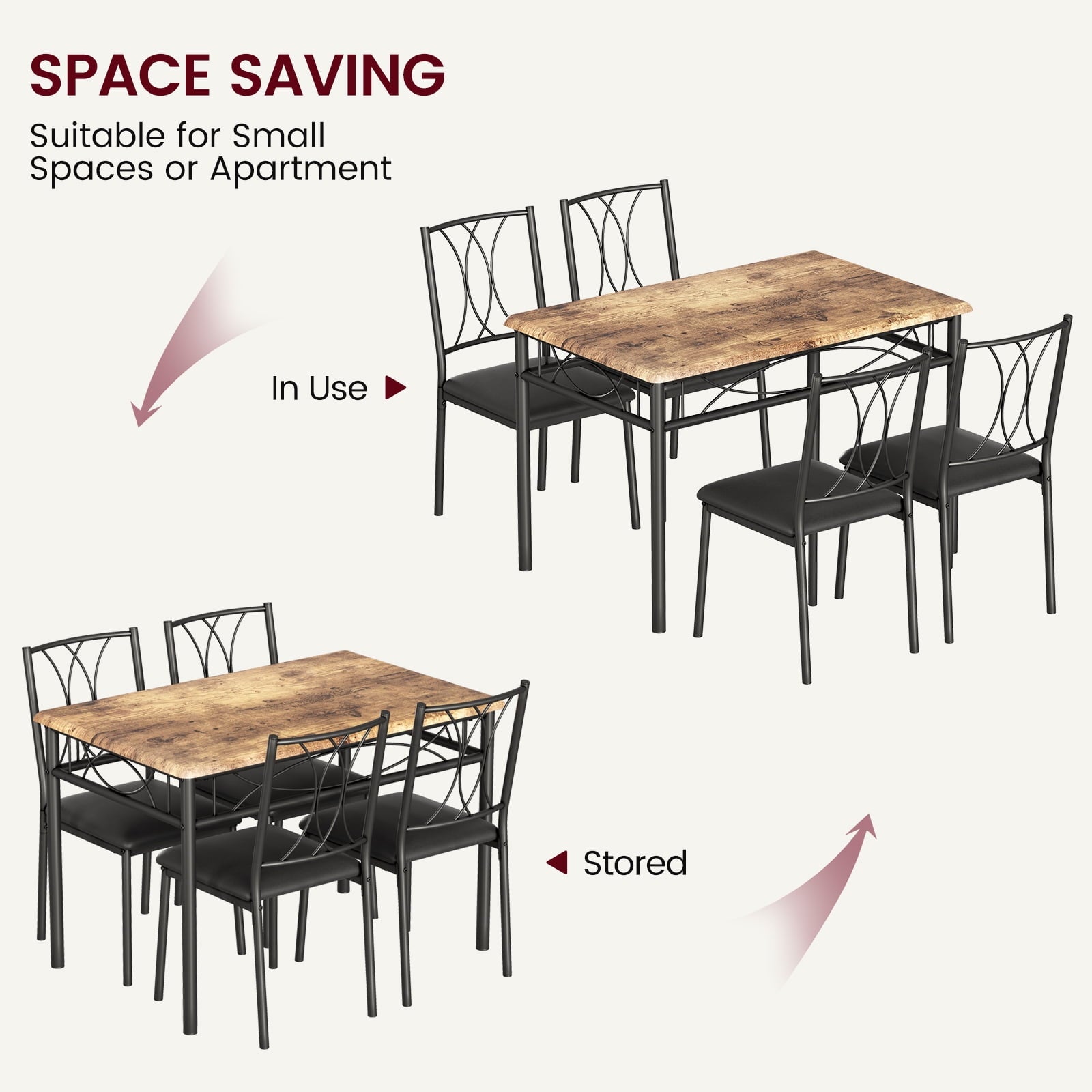 Yesfashion 5 Piece Kitchen Table Set, Metal and Wood Rectangular Dining Room Table Set with 4 Upholstered Chairs