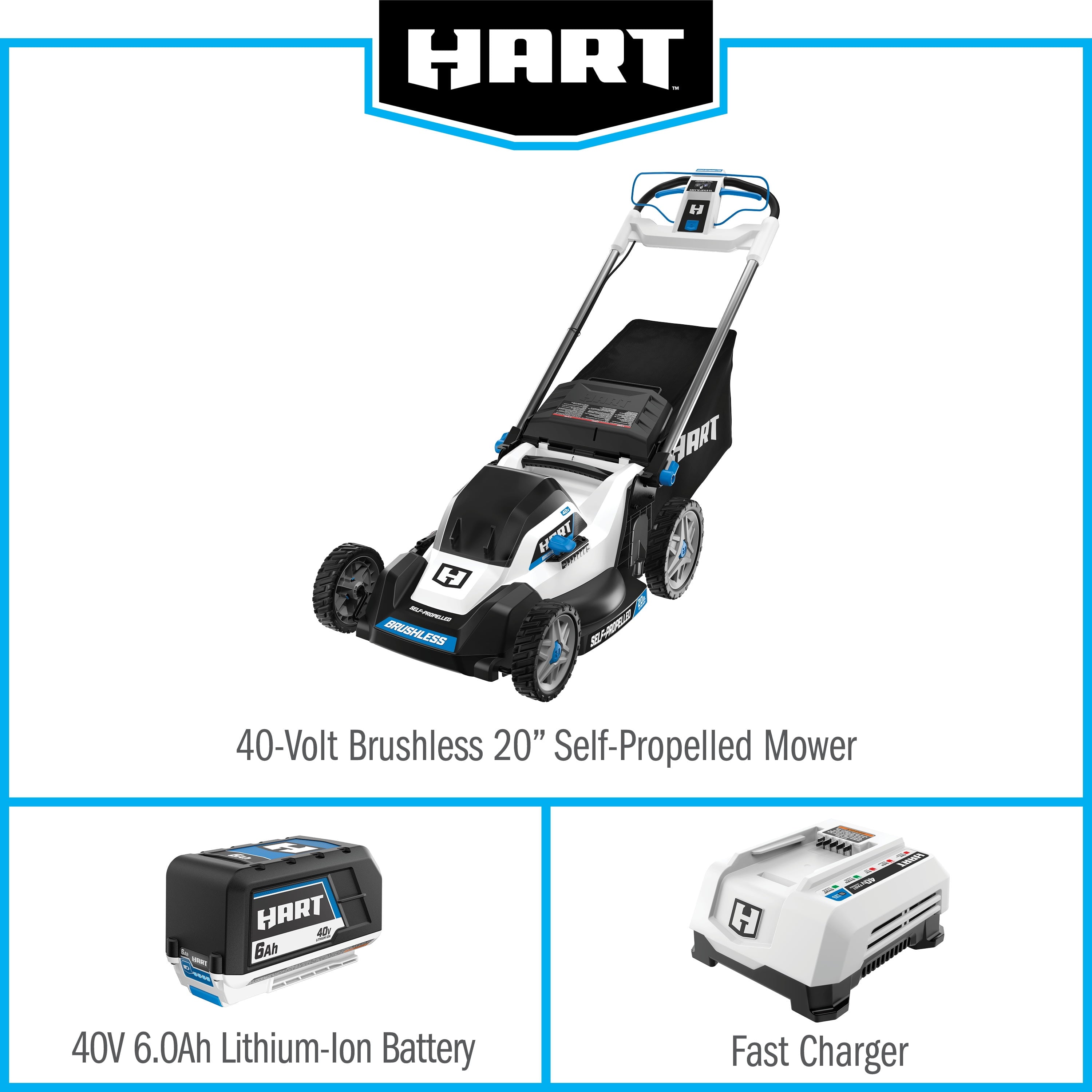 HART 40-Volt 20-inch Self-Propelled Battery-Powered Brushless Mower Kit, (1) 6.0Ah Lithium-Ion Battery