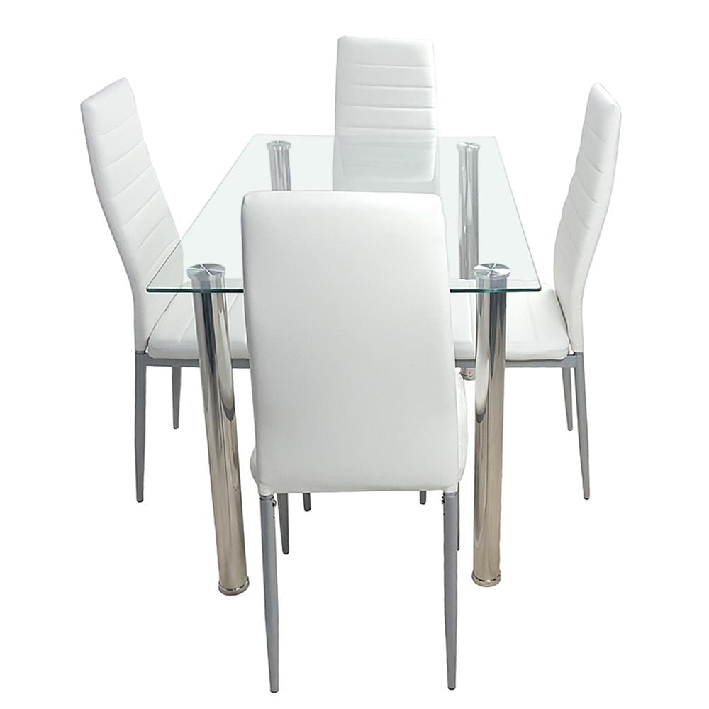 Ktaxon Dining Table set 5 Piece Dining Table Set Tempered Glass Top Dinette Sets with 4 PU Leather Chairs,Light White