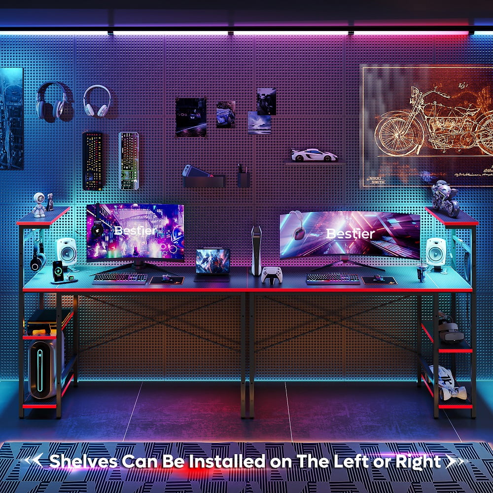 Bestier 52 inch Gaming Computer Desk with LED Lights & Shelves Carbon Fiber, Reversible desk