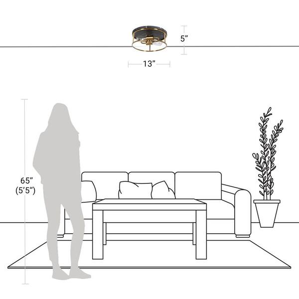 Cogburn 13 in. 2-Light Antique Brass with Black Marbled Base Flush Mount