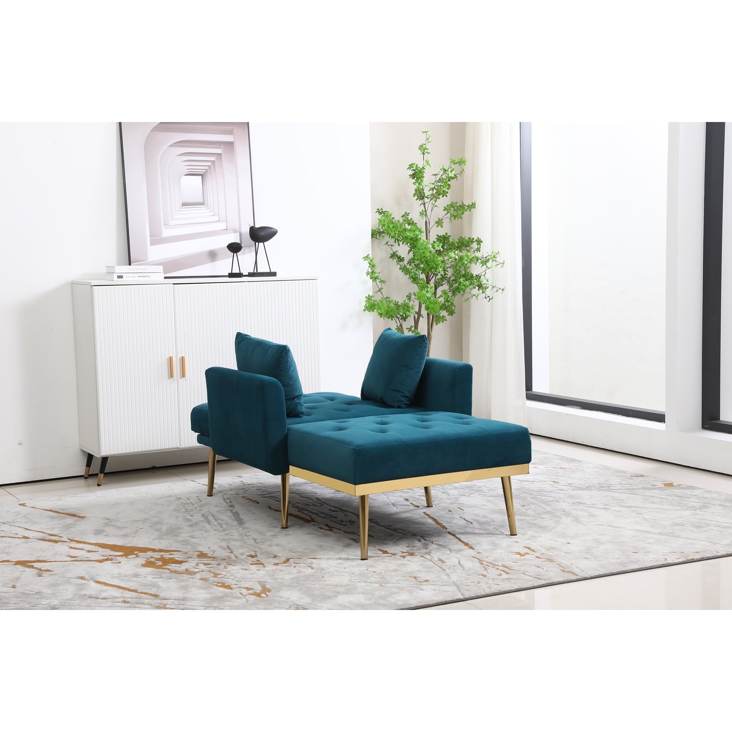 Alexent Jasper Green Velvet Convertible Chaise Lounge Chair-Beauty