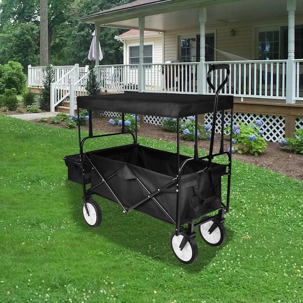 4.8 cu. ft. Black Collapsible Heavy-Duty Steel Outdoor Garden Cart Utility Wagon Hand Cart with Storage Basket