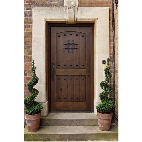 36 in. x 80 in. Walnut Right-Hand Inswing Arched 2-Panel Speakeasy Stained Alder Prehung Front Door with 6-9/16 in. Jamb
