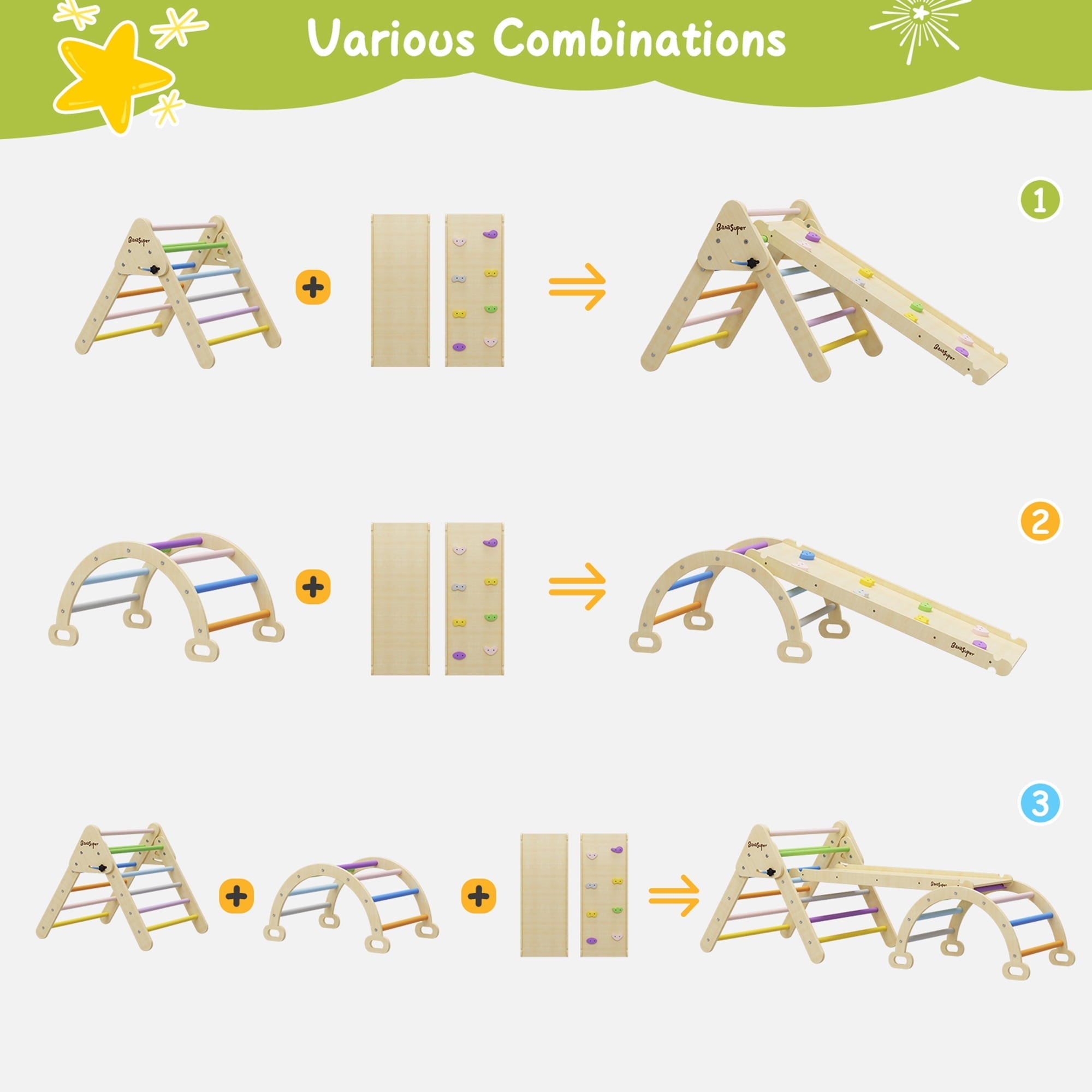 BanaSuper Colorful 3 in 1 Climbing Triangle Ladder with Ramp & Arch Foldable Wooden Triangle Climber Set Montessori Climbing Toys for Kids Ourdoor Indoor Playground Play Gym