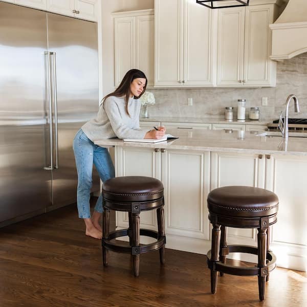 Pullman 26 in. Dark Walnut Backless Wooden Counter Stool with Luxe Vintage Brown Vegan Leather Upholstered Seat