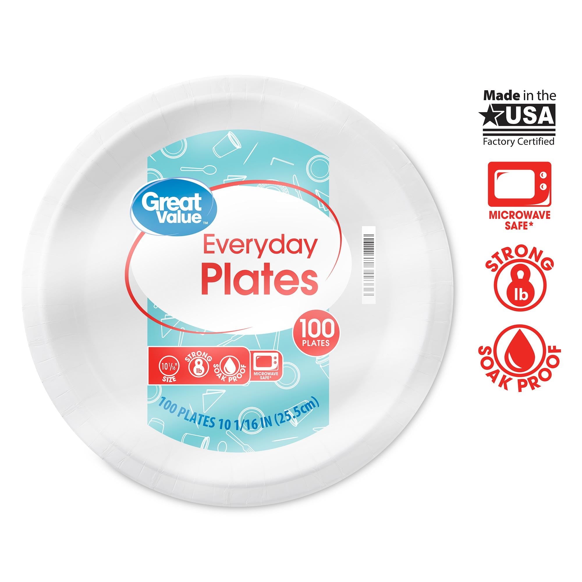 Great Value Everyday Strong, Soak Proof, Microwave Safe, Disposable Paper Plates, 10