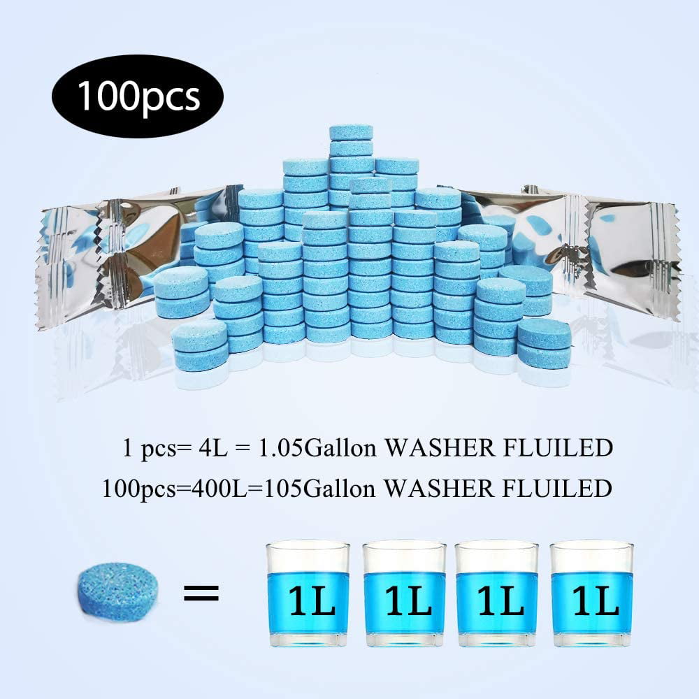 OBOSOE 100Pcs Windshield Washer Fluid Tablets,Wiper Fluid Concentrate,Washer Cleaning Tool for Car Kitchen Window, 1 Piece Makes 1.05 Gallons,100 Pcs Makes 105 Gallons(Winter: Use With Antifreeze)