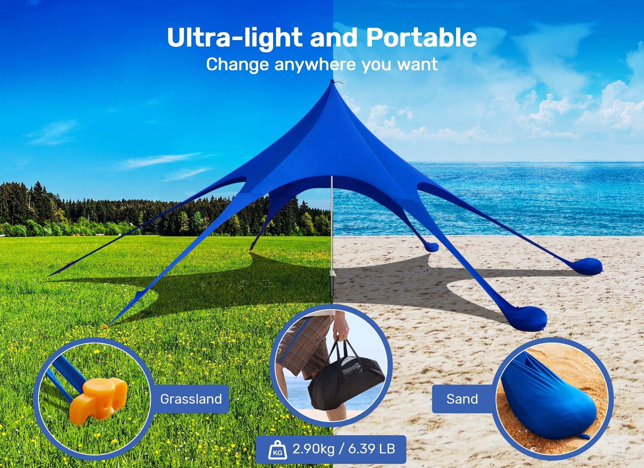 Beach Canopy Tent Sun Shade, VECUKTY 12x12 FT Beach Tent Sun Shelter UPF 50+ UV Protection with Sandbags , 1 Stability Poles and Ground Pegs and Anti-Wind Ropes,Blue