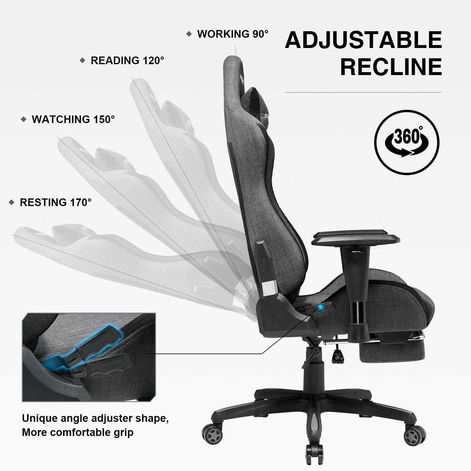 GTRACING Gaming Chair Fabric Height Adjustable Footrest Reclining Office Chair, Darkgray